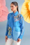 Buy_Parul And Preyanka_Blue Silk, Organza Applique, Fabric Flowers Iris Dragonfly Embroidered Shirt _at_Aza_Fashions