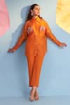 Parul And Preyanka_Orange Silk Organza Applique, Fabric Flowers Collared Lana Embroidered Shirt _Online_at_Aza_Fashions