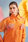 Buy_Parul And Preyanka_Orange Silk Organza Applique, Fabric Flowers Collared Lana Embroidered Shirt _Online_at_Aza_Fashions