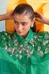 Parul And Preyanka_Green Silk, Organza Pearls, Fabric Flowers Collared Lily Embroidered Yoke Shirt _Online_at_Aza_Fashions