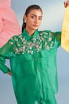 Buy_Parul And Preyanka_Green Silk, Organza Pearls, Fabric Flowers Collared Lily Embroidered Yoke Shirt _Online_at_Aza_Fashions