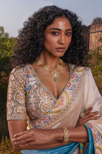Shop_Punit Balana_Blue Silk Organza, Silk, Chanderi Zari, Ombre Saree With Embroidered Blouse _at_Aza_Fashions