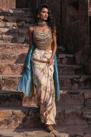 Punit Balana_Ivory Satin, Silk Organza Beads, Pearls Cowl Neck Noor Draped Skirt Set _Online_at_Aza_Fashions