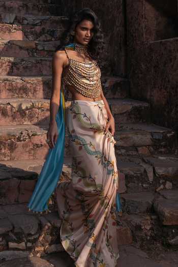 Buy_Punit Balana_Ivory Satin, Silk Organza Beads, Pearls Cowl Neck Noor Draped Skirt Set _Online_at_Aza_Fashions