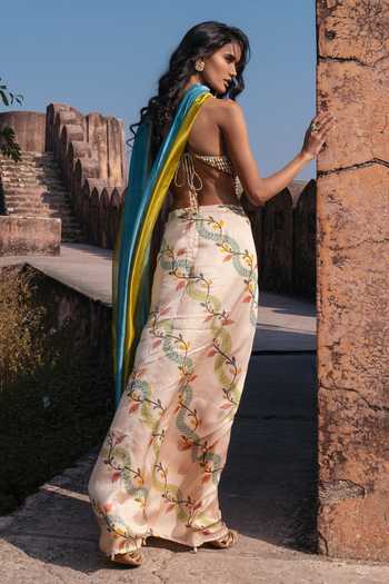 Shop_Punit Balana_Ivory Satin, Silk Organza Beads, Pearls Cowl Neck Noor Draped Skirt Set _at_Aza_Fashions