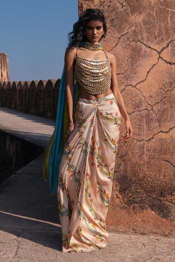 Buy_Punit Balana_Ivory Satin, Silk Organza Beads, Pearls Cowl Neck Noor Draped Skirt Set _at_Aza_Fashions