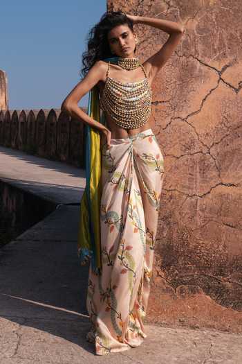 Shop_Punit Balana_Ivory Satin, Silk Organza Beads, Pearls Cowl Neck Noor Draped Skirt Set _Online_at_Aza_Fashions