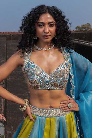 Punit Balana_Blue Organza, Silk, Tissue Gota Patti, Zardozi Muse Panelled Lehenga Set _Online_at_Aza_Fashions