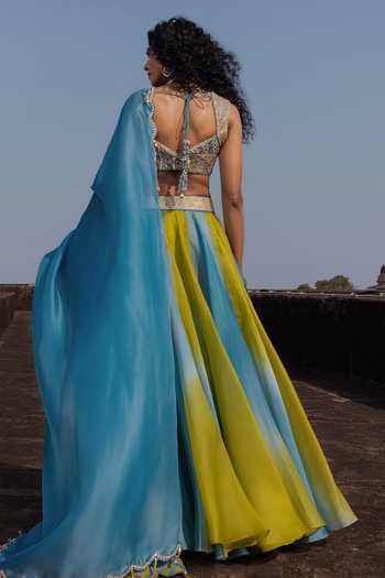 Shop_Punit Balana_Blue Organza, Silk, Tissue Gota Patti, Zardozi Muse Panelled Lehenga Set _at_Aza_Fashions