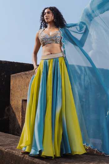 Buy_Punit Balana_Blue Organza, Silk, Tissue Gota Patti, Zardozi Muse Panelled Lehenga Set _Online_at_Aza_Fashions