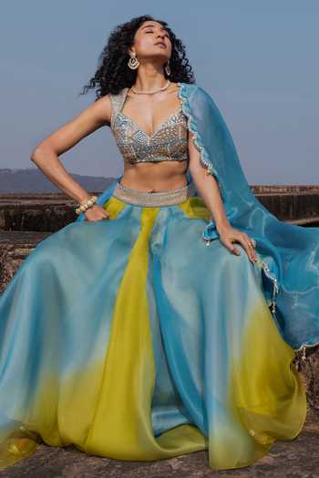 Shop_Punit Balana_Blue Organza, Silk, Tissue Gota Patti, Zardozi Muse Panelled Lehenga Set _Online_at_Aza_Fashions