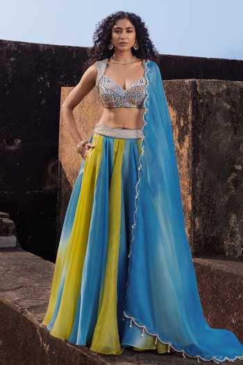 Buy_Punit Balana_Blue Organza, Silk, Tissue Gota Patti, Zardozi Muse Panelled Lehenga Set _at_Aza_Fashions