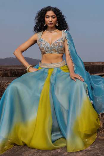 Punit Balana_Blue Organza, Silk, Tissue Gota Patti, Zardozi Muse Panelled Lehenga Set _at_Aza_Fashions