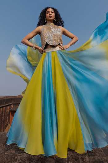 Buy_Punit Balana_Gold Silk, Tissue, Organza Gota Patti, Zardozi Artistic Scallop Top And Skirt Set _at_Aza_Fashions