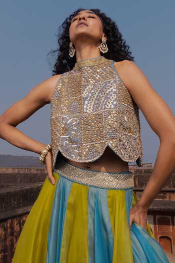 Shop_Punit Balana_Gold Silk, Tissue, Organza Gota Patti, Zardozi Artistic Scallop Top And Skirt Set _at_Aza_Fashions