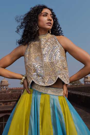Punit Balana_Gold Silk, Tissue, Organza Gota Patti, Zardozi Artistic Scallop Top And Skirt Set _Online_at_Aza_Fashions