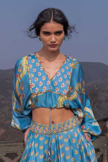 Punit Balana_Blue Silk, Satin V-neck Kumari Printed Lehenga With Top _Online_at_Aza_Fashions
