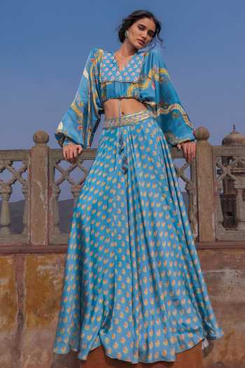 Buy_Punit Balana_Blue Silk, Satin V-neck Kumari Printed Lehenga With Top _at_Aza_Fashions