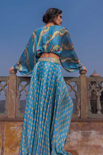 Shop_Punit Balana_Blue Silk, Satin V-neck Kumari Printed Lehenga With Top _at_Aza_Fashions