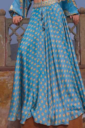 Buy_Punit Balana_Blue Silk, Satin V-neck Kumari Printed Lehenga With Top _Online_at_Aza_Fashions