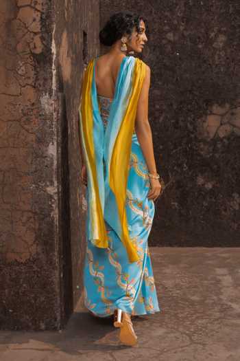Shop_Punit Balana_Blue , Satin, Organza Sweetheart Neck Noor Draped Skirt Set _at_Aza_Fashions