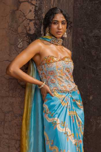Punit Balana_Blue , Satin, Organza Sweetheart Neck Noor Draped Skirt Set _Online_at_Aza_Fashions