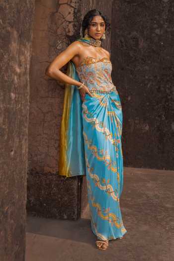 Buy_Punit Balana_Blue , Satin, Organza Sweetheart Neck Noor Draped Skirt Set _at_Aza_Fashions