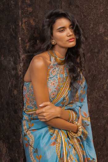 Shop_Punit Balana_Blue Silk Organza, Silk, Chanderi Printed Saree With Sleeveless Blouse _at_Aza_Fashions