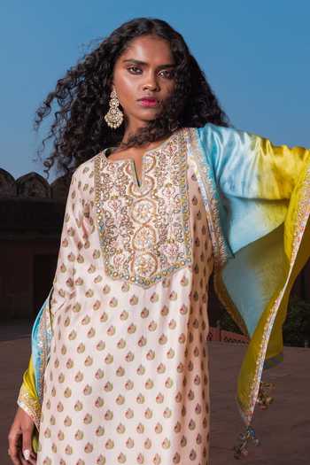 Punit Balana_Ivory , Chanderi, Organza Gota Patti Floral Print Kurta Pant Set _Online_at_Aza_Fashions