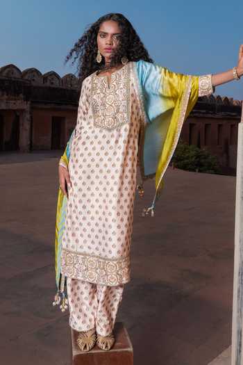 Shop_Punit Balana_Ivory , Chanderi, Organza Gota Patti Floral Print Kurta Pant Set _at_Aza_Fashions