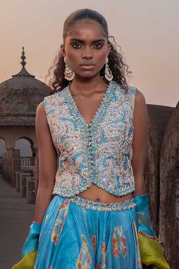 Punit Balana_Blue Silk, Chanderi, Organza Embroidery, Waistcoat And Skirt Set With Dupatta _Online_at_Aza_Fashions