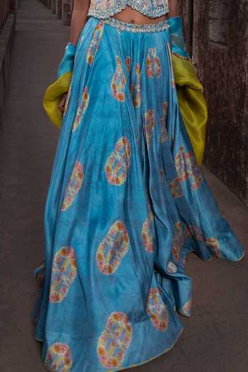 Buy_Punit Balana_Blue Silk, Chanderi, Organza Embroidery, Waistcoat And Skirt Set With Dupatta _Online_at_Aza_Fashions