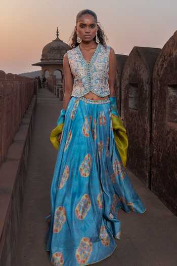 Shop_Punit Balana_Blue Silk, Chanderi, Organza Embroidery, Waistcoat And Skirt Set With Dupatta _Online_at_Aza_Fashions