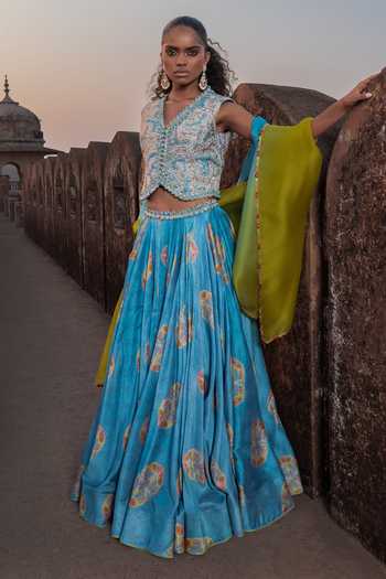 Buy_Punit Balana_Blue Silk, Chanderi, Organza Embroidery, Waistcoat And Skirt Set With Dupatta _at_Aza_Fashions