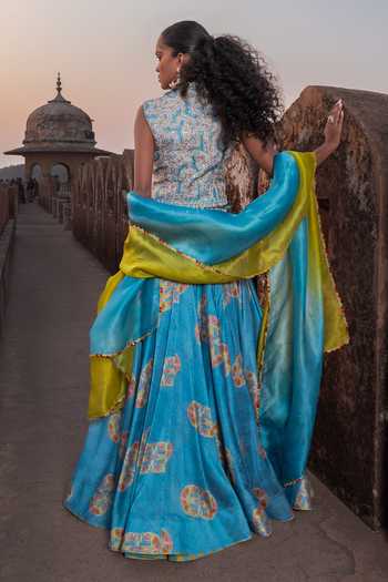 Shop_Punit Balana_Blue Silk, Chanderi, Organza Embroidery, Waistcoat And Skirt Set With Dupatta _at_Aza_Fashions