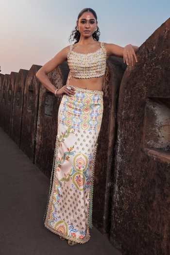 Punit Balana_Blue Silk, Satin Tassels Square Neck Tiered Loop Crop Top Skirt Set _Online_at_Aza_Fashions