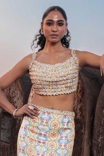 Buy_Punit Balana_Blue Silk, Satin Tassels Square Neck Tiered Loop Crop Top Skirt Set _Online_at_Aza_Fashions
