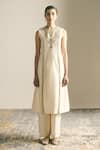 Shimona_Ivory Silk, , Handloom Ascend Metallic Work Tunic And Pant Set _Online_at_Aza_Fashions