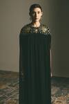 Shimona_Black Silk, Chiffon Embroidery, Zari, Metallic Thread Round Yoke Kaftan Gown _Online_at_Aza_Fashions
