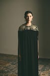 Shimona_Black Silk, Chiffon Embroidery, Zari, Metallic Thread Round Yoke Kaftan Gown _at_Aza_Fashions