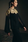 Buy_Shimona_Black Silk, Georgette Zari, Metallic Thread Round Embroidered Top And Pant Set _Online_at_Aza_Fashions