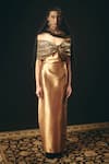 Shop_Shimona_Gold Silk, Tissue Zari, Metallic Thread Off-shoulder Off Gown _Online_at_Aza_Fashions