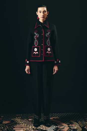 Shop_Shimona_Black Embroidery Collared Noire Jacket And Pant Set _Online_at_Aza_Fashions
