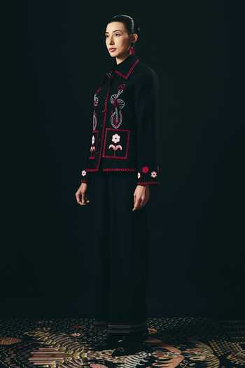 Shimona_Black Embroidery Collared Noire Jacket And Pant Set _at_Aza_Fashions