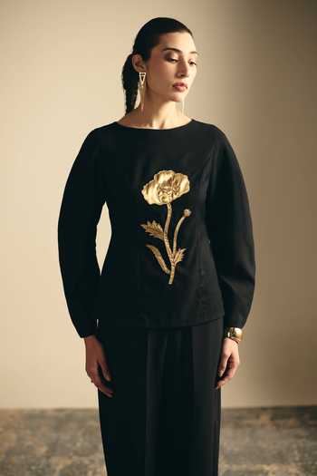 Shop_Shimona_Black Applique, Metallic Thread Boat Neck Noire Rose Top And Pant Set _Online_at_Aza_Fashions