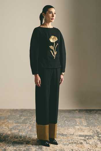 Shimona_Black Applique, Metallic Thread Boat Neck Noire Rose Top And Pant Set _at_Aza_Fashions