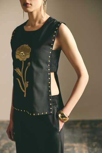 Shimona_Black Fabric Embroidery, Zari, Applique, Noire Rose Sleeveless Top And Pant Set _Online_at_Aza_Fashions