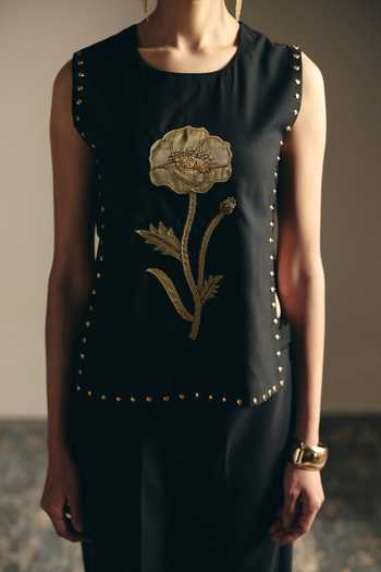 Buy_Shimona_Black Fabric Embroidery, Zari, Applique, Noire Rose Sleeveless Top And Pant Set _Online_at_Aza_Fashions