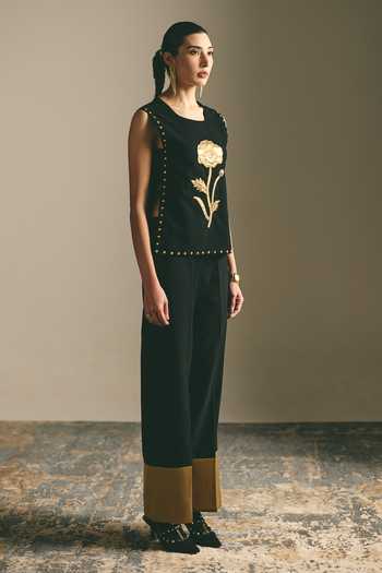Shimona_Black Fabric Embroidery, Zari, Applique, Noire Rose Sleeveless Top And Pant Set _at_Aza_Fashions