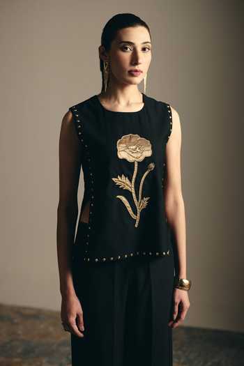 Buy_Shimona_Black Fabric Embroidery, Zari, Applique, Noire Rose Sleeveless Top And Pant Set 